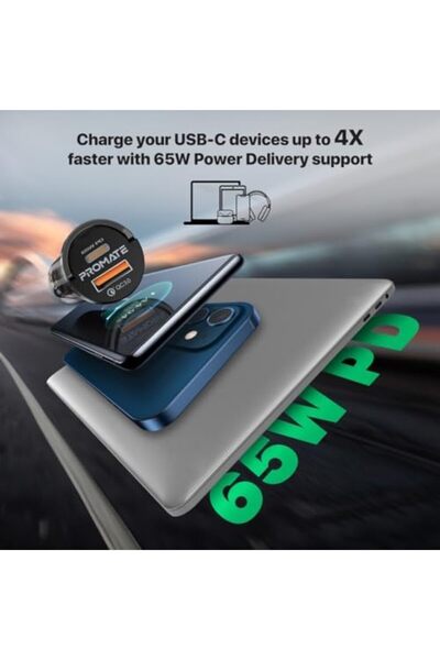 Promate Car Charger, Transparent 65W Ultra-Compact Car Adapter with USB Type-C Port, Qualcomm QC 3.0