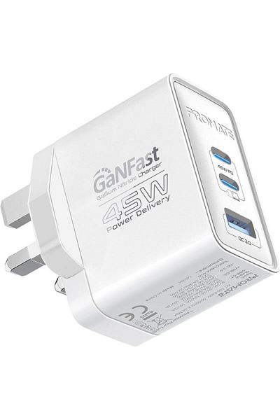 Promate 45W Power Delivery GaNFast™ Charger, Dual USB-C 45W Ports, and Quick Charge USB-A 22.5W Po