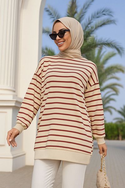 Neva Style تونيك حجاب مخطط باللون العنابي - 30175BR