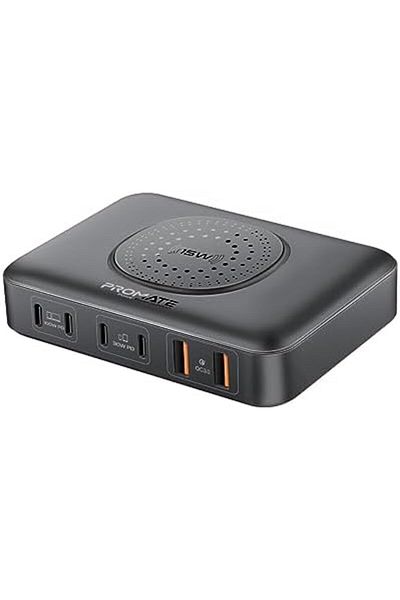 Promate Charging Station, 7-in-1 GaNFast 100W Laptop Charger with 4 Power Delivery USB-C Ports, Dual