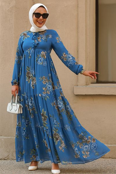 Neva Style Φόρεμα Indigo Blue Hijab με λουλούδια μοτίβο 22052IM