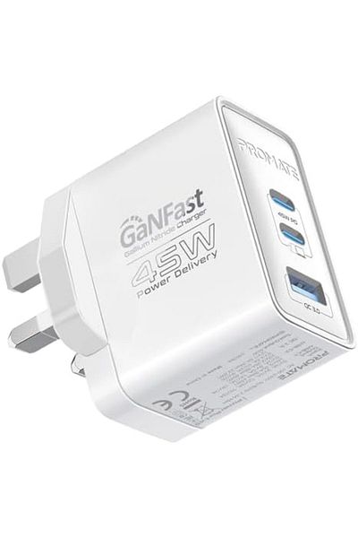 Promate 45W Power Delivery GaNFast™ Charger, Dual USB-C 45W Ports, and Quick Charge USB-A 22.5W Po