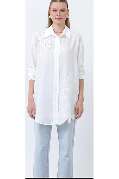 Puane Women's Chest and Skirt Part Embroidery Detail High Quality Fabric Handwork Detail Tunic Shirt