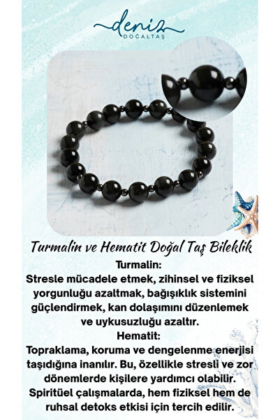 Deniz Doğal Taş Sertifikalı Turmalin ve Hematit Güçlü Doğal Taş Bileklik – 8 mm