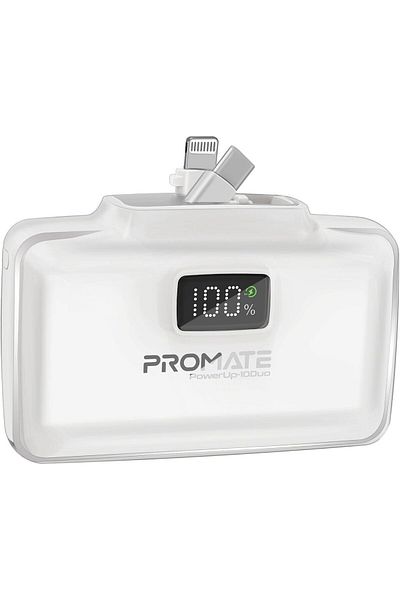 Promate Power Bank, 10000mAh Compact Power Bank with 20W USB-C™ In/Out Foldable Connector, Lightni