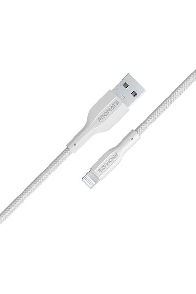 Promate كابل USB-A إلى Lightning بطول 200 سم، يتميز بقوة شد عالية، وشحن سريع ممتاز ومزامنة بيانات