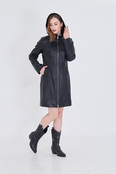 By Marki Marki Women's Genuine Leather Coat – Hooded, Zippered, Lined, 90 Cm, Black - 117522