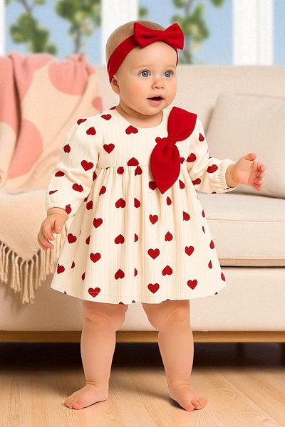 cayzen Baby Girl Heart Dress Set – Red Bow & Headband – Cotton Fabric