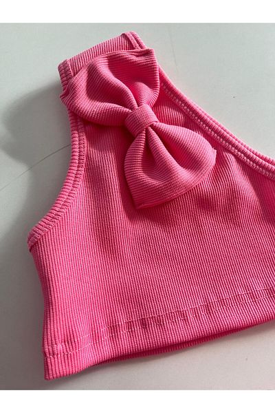 HEREN BUTİK Girl's Pink Bow One Shoulder Crop Blouse 100% Cotton Twill Stretch Fabric