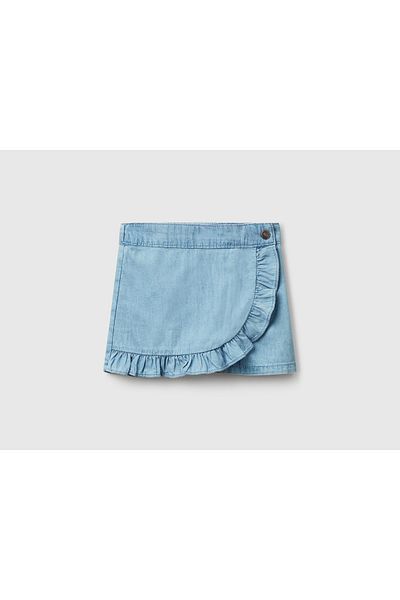 United Colors of Benetton Fusta scurtă din denim pentru fete, cu nasturi, logo brodat, cu volane în față