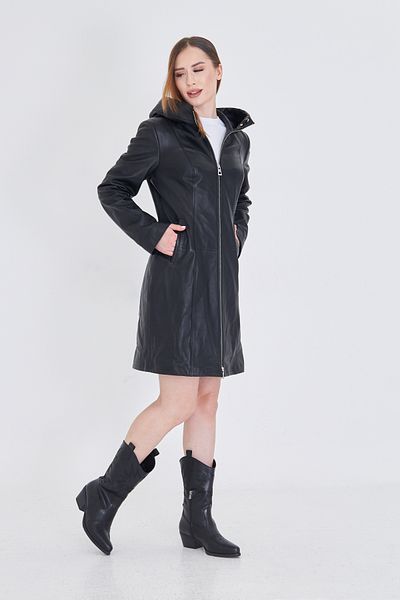 By Marki Marki Women's Genuine Leather Coat – Hooded, Zippered, Lined, 90 Cm, Black - 117522