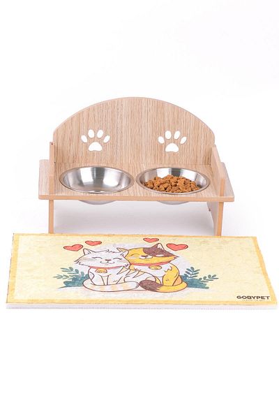 GOBYPET Wooden Cat Dog Food Water Bowl Stand, Metal Water Bowl, Cat Dog Carpet