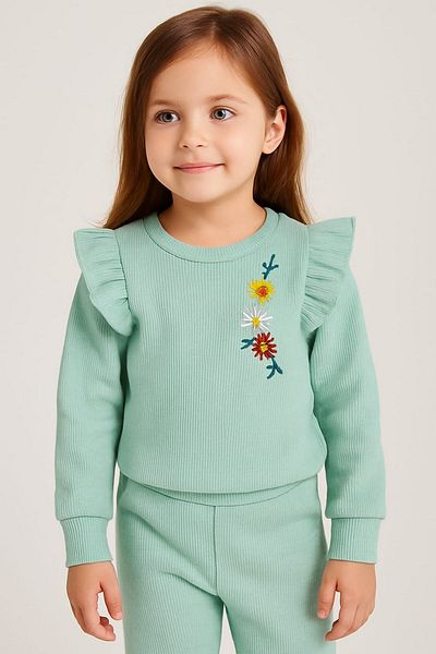 dinamik çocuk Waffle Fabric Floral Embroidered 2 Thread Seasonal Suit Set for 2-6 Years Old Girl