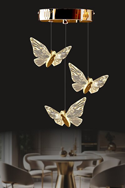 Luna Lighting Kelebek Model Gold Kaplama 3 Renk Metal Salon Mutfak Oturma Yatak Odası Modern Led 3 lü Sarkıt Avize