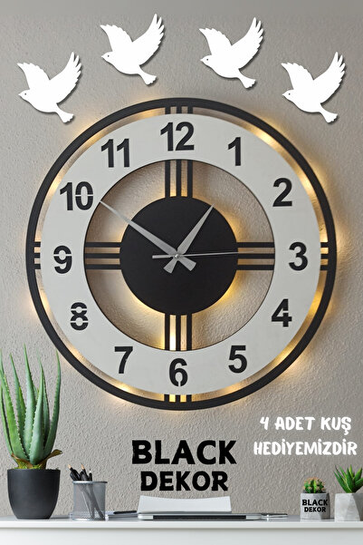 Blackdekor Siyah Beyaz Işıklı 40 Cm Ahşap Duvar Saati | Modern Ve Şık Dekorat...