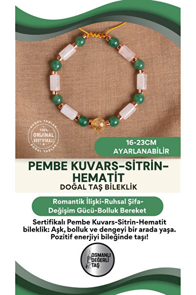 OSMANLI DEĞERLİ TAŞ SERTİFİKALI Pembe kuvars- sitrin- hematit Doğal Taş Makro...