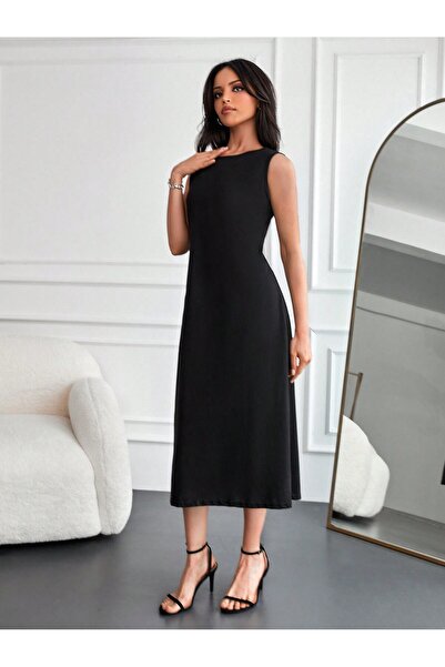 Avones Rochie lungă din bumbac, neagră, fără mâneci, pentru femei