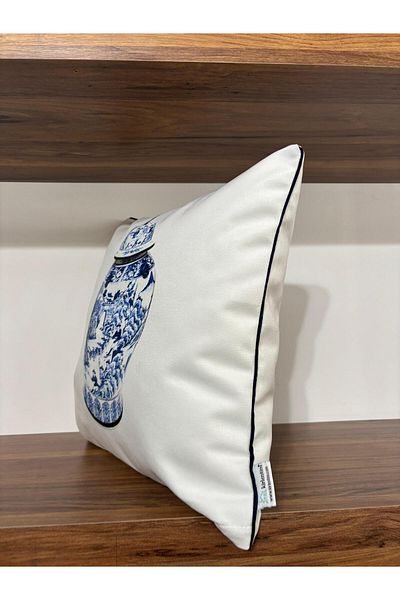 KIRLENTİM E433A White Background Double Sided Pattern Throw Pillow Cover with Piping on the Edges