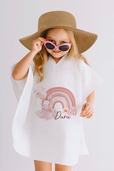 Lilabio İsme Özel %100 Pamuk Müslin Kapüşonlu Kız Çocuk Panço Bornoz Gökkuşağı