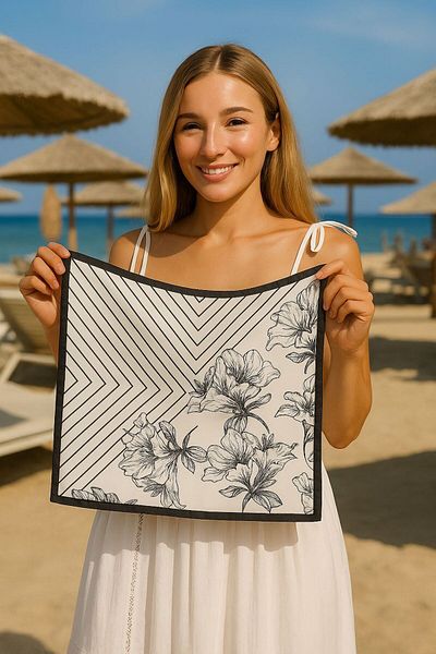 Axesoire 14939 Bandana Ecru cu Motiv Floral în dungi