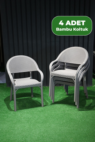 Alezy Bambu Rattan Kollu Koltuk 4 Adet Gri