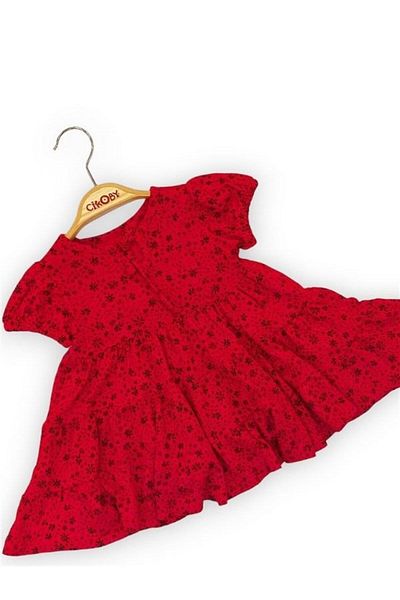 Çikoby Baby Girl Combed Cotton Layered Ruffled Combed Cotton Floral Patterned Red Dress