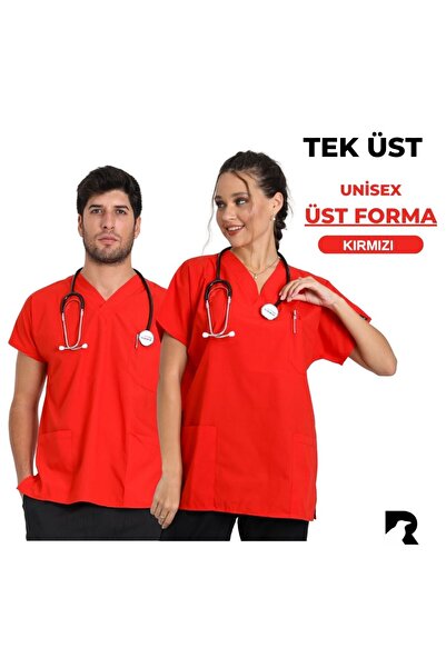 Raven Uniform قميص طبي من تيري كوتون باللون الأحمر للجنسين، قميص طبي من القماش الرقيق (TOP)