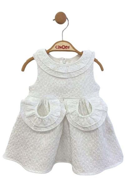 Çikoby White Ruffle Baby Girl Dress - Pocket Collar