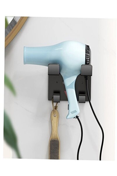 TechnoLoby حامل تعليق مجفف الشعر من المعدن الأسود والتخزين - متين وموفر للمساحة