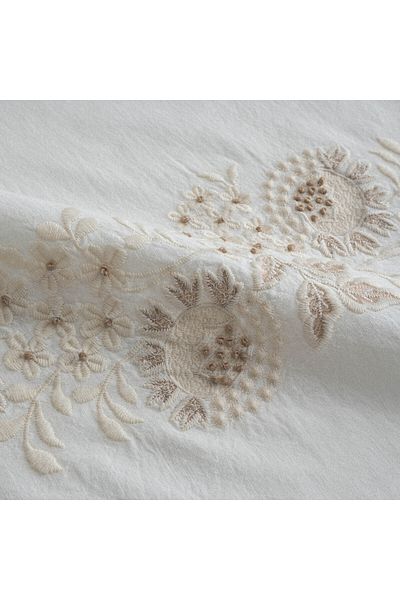 Ecocotton Flora Double Duvet Cover Set 100% Organic Cotton Linen Embroidered Cream 200x220 Cm