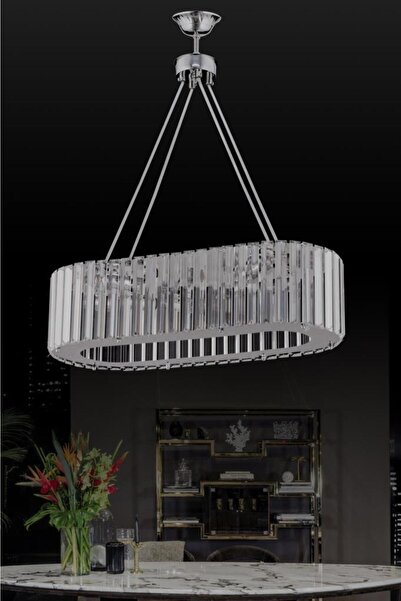 İstanbul Avize Xl Lüx Elmas Yemek Masası Gümüş Oval Kenarlı Kristal Taşlı Avize