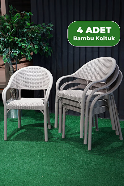 Alezy Bambu Rattan Kollu Koltuk 4 Adet Krem