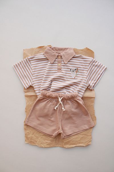 Oh La La Koala For Little Ones Dark Beige Striped Koala Embroidered Polo Neck Shorts Suit