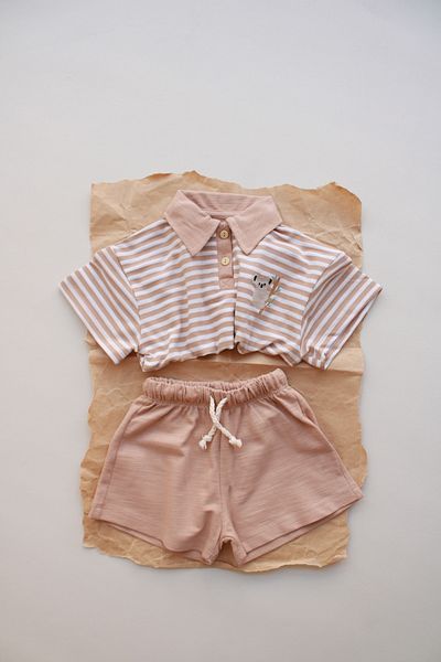 Oh La La Koala For Little Ones Dark Beige Striped Koala Embroidered Polo Neck Shorts Suit