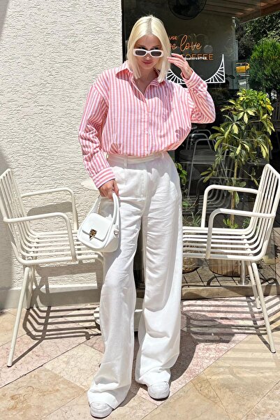 Seeh قميص نسائي مخطط برتقالي بأكمام طويلة - تفاصيل أزرار SH178