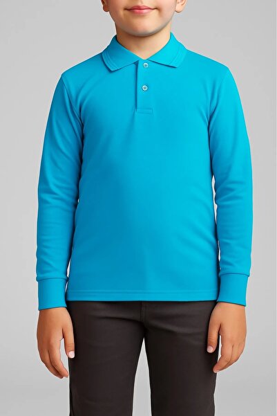 FATELLA Unisex Children's Polo Neck Long Sleeve Turquoise T-shirt