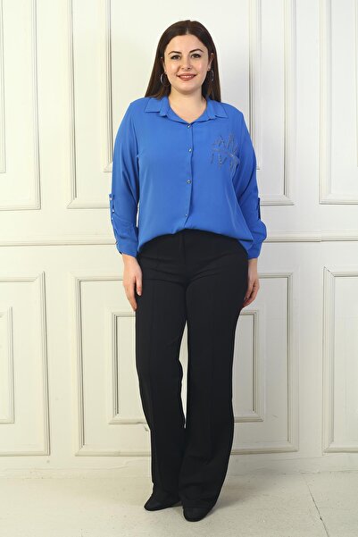 By Saygı Women's Elastic Waist Striped Large Size Palazzo Trousers