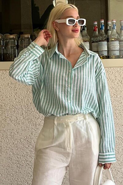 Seeh Zöld csíkos gombos részletes hosszú ujjú női ing SH178