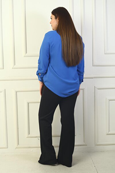 By Saygı Women's Elastic Waist Striped Large Size Palazzo Trousers