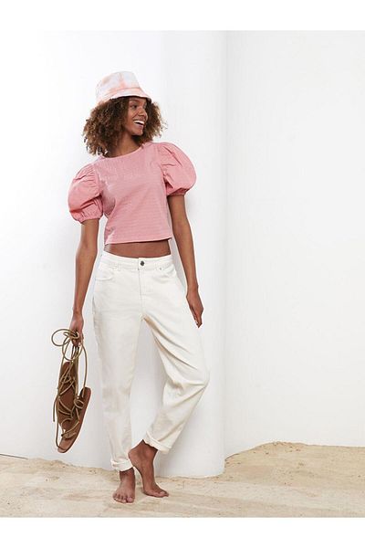 LC Waikiki Crew Neck Self Pattern Short Sleeve Cotton Women's Blouse (S2)