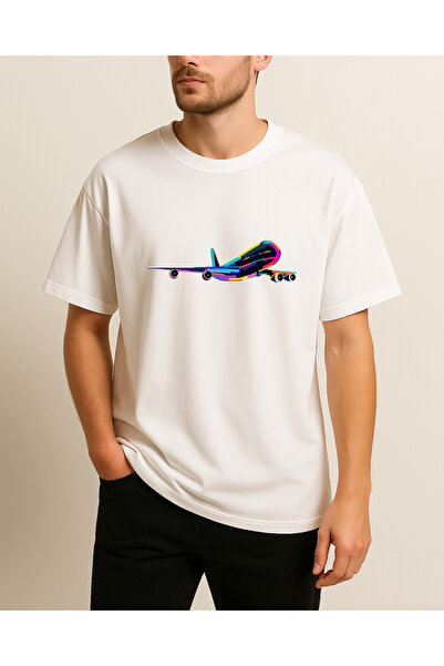 Renkli Uçak Baskılı Tasarımlı T-Shirt