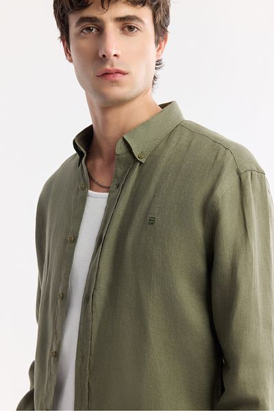 Avva Men's Khaki Comfort Fit 100% Linen Button Collar Shirt B002191