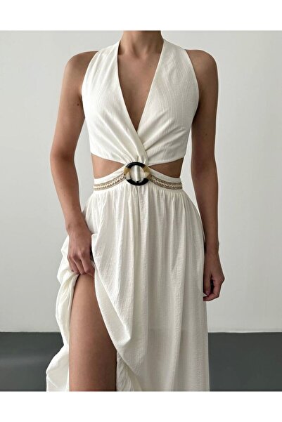 PG GİYİM Изрязана рокля с дължина до коляното с брошка като аксесоар Екру -00607