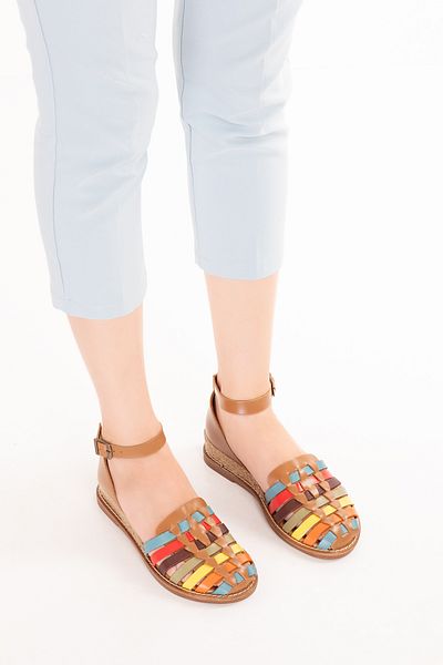 Gondol Women's Genuine Leather Hand Knitted Special Straw Wrapped Sandals Ell.7249 Multi