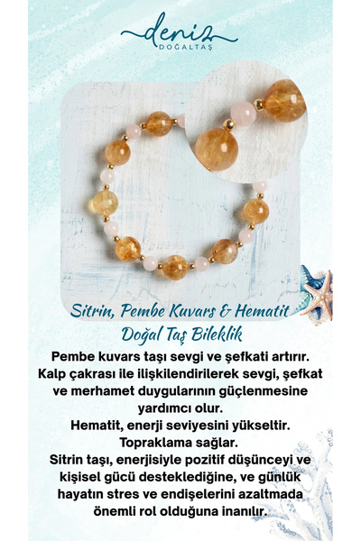 Deniz Doğal Taş Sertifikalı Sitrin, Pembe Kuvars ve Hematit Lüks Doğal Taş Bi...