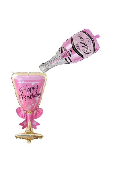 partidolu Bride Şampanya Şişesi ve Kadehi Şeklinde Folyo Balon Pembe Renk 2 Adet
