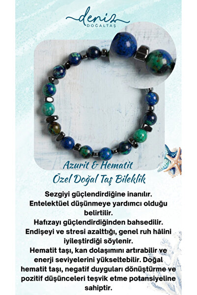 Deniz Doğal Taş Sertifikalı Azurit ve Hematit Özel Doğal Taş Bileklik – 8 mm