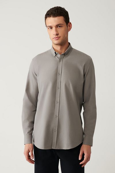 Avva Men's Anthracite Buttoned Collar 100% Cotton Linen Textured Shirt E 002141