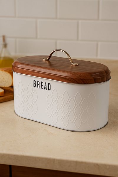Makri Bread Box, Metal Bread Box, Patterned White Bread Basket, 34 X 19 X 16 cm