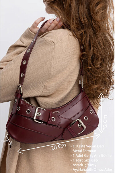 torime Geantă de umăr și crossbody cu centură burgundy – piele vegană, fermoar și curea reglabilă